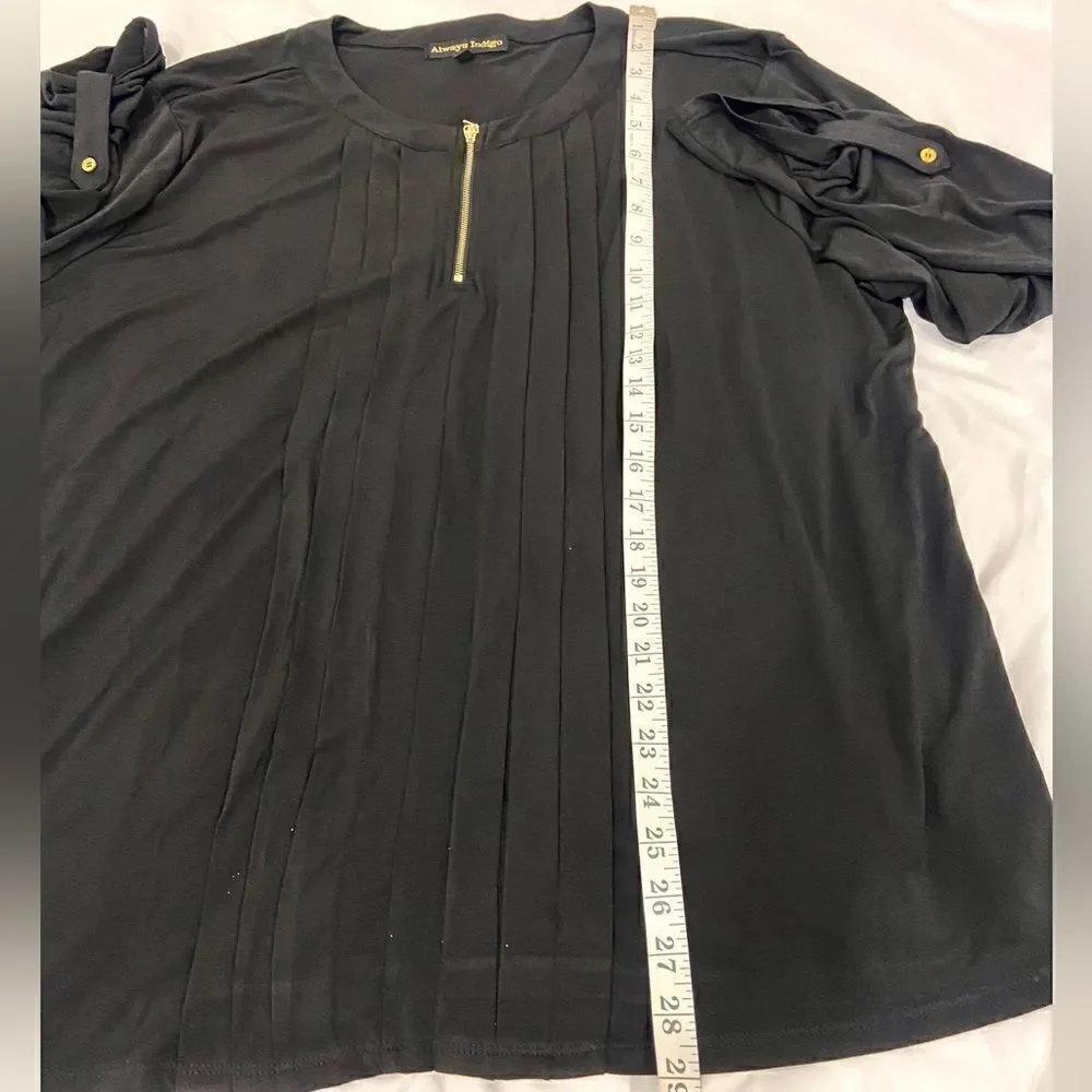 Always Indigo Long Sleeve Black Blouse Size 3X 1/4 Gold Zipper - Picture 11 of 12